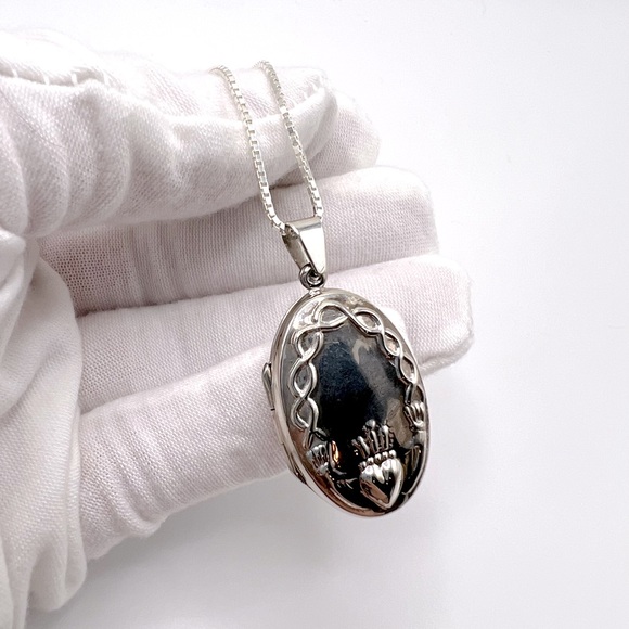 .925 Sterling Silver Claddagh Design Locket Necklace - Picture 6 of 17
